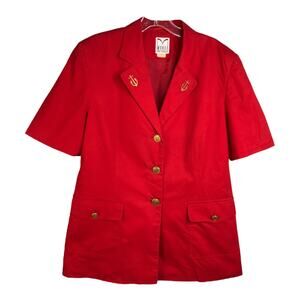 Vintage Mondi Short Sleeve Blazer Top Women M/L Bright Red Gold Buttons‎ Trim